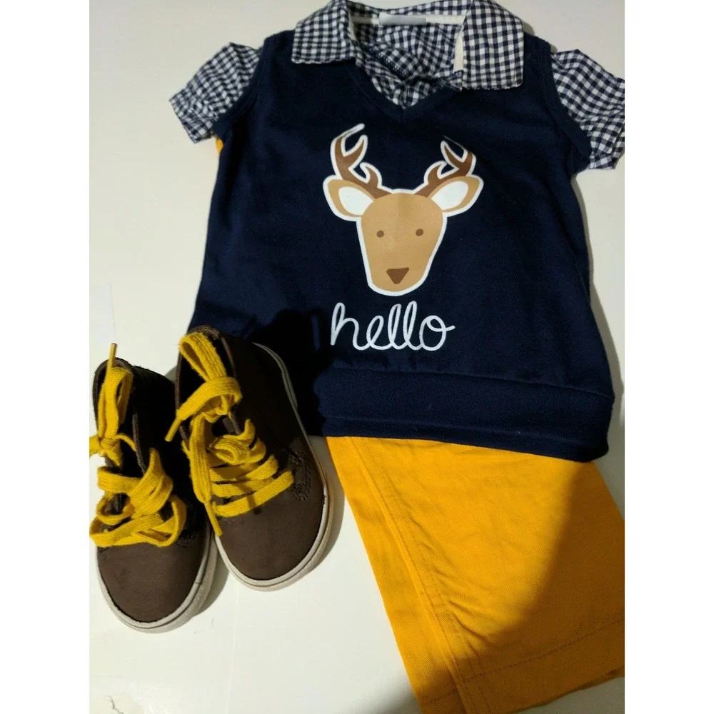 Boys toddler clothes 3 piece suit size 24 months blue/ yellow brown high tops